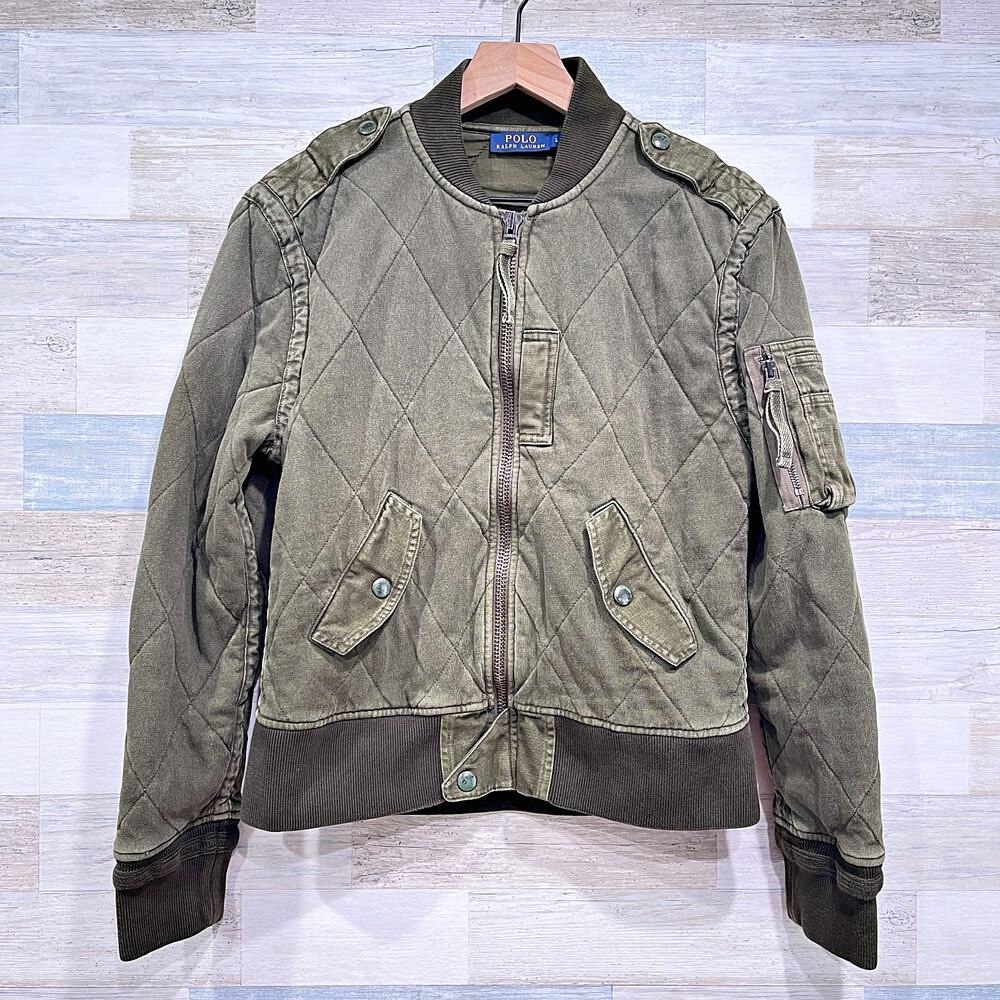 POLO Ralph Lauren Quilted Flight Bomber Jacket Green Army Military Womens Large
